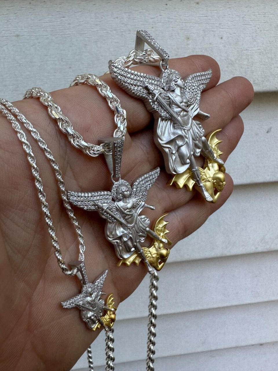 MOISSANITE Saint Michael Archangel Slaying Dragon Pendant - Sandblasted Matte Finish 925 Silver & 14k Gold Vermeil - 3 Sizes 1.25"-3"