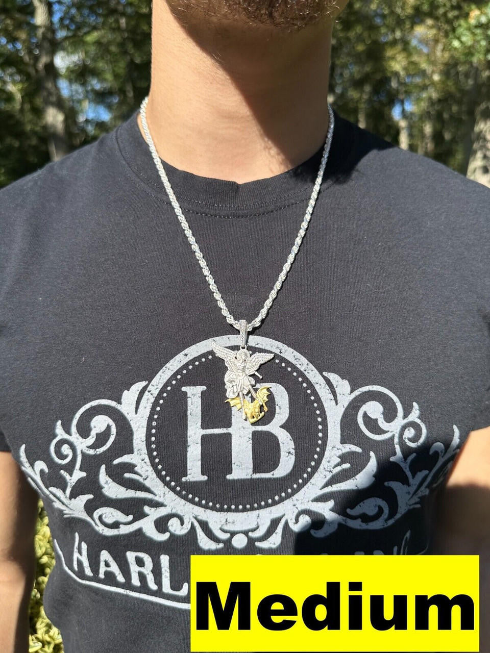 MOISSANITE Saint Michael Archangel Slaying Dragon Pendant - Sandblasted Matte Finish 925 Silver & 14k Gold Vermeil - 3 Sizes 1.25"-3"