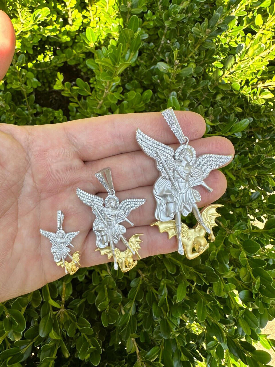 MOISSANITE Saint Michael Archangel Slaying Dragon Pendant - Sandblasted Matte Finish 925 Silver & 14k Gold Vermeil - 3 Sizes 1.25"-3"
