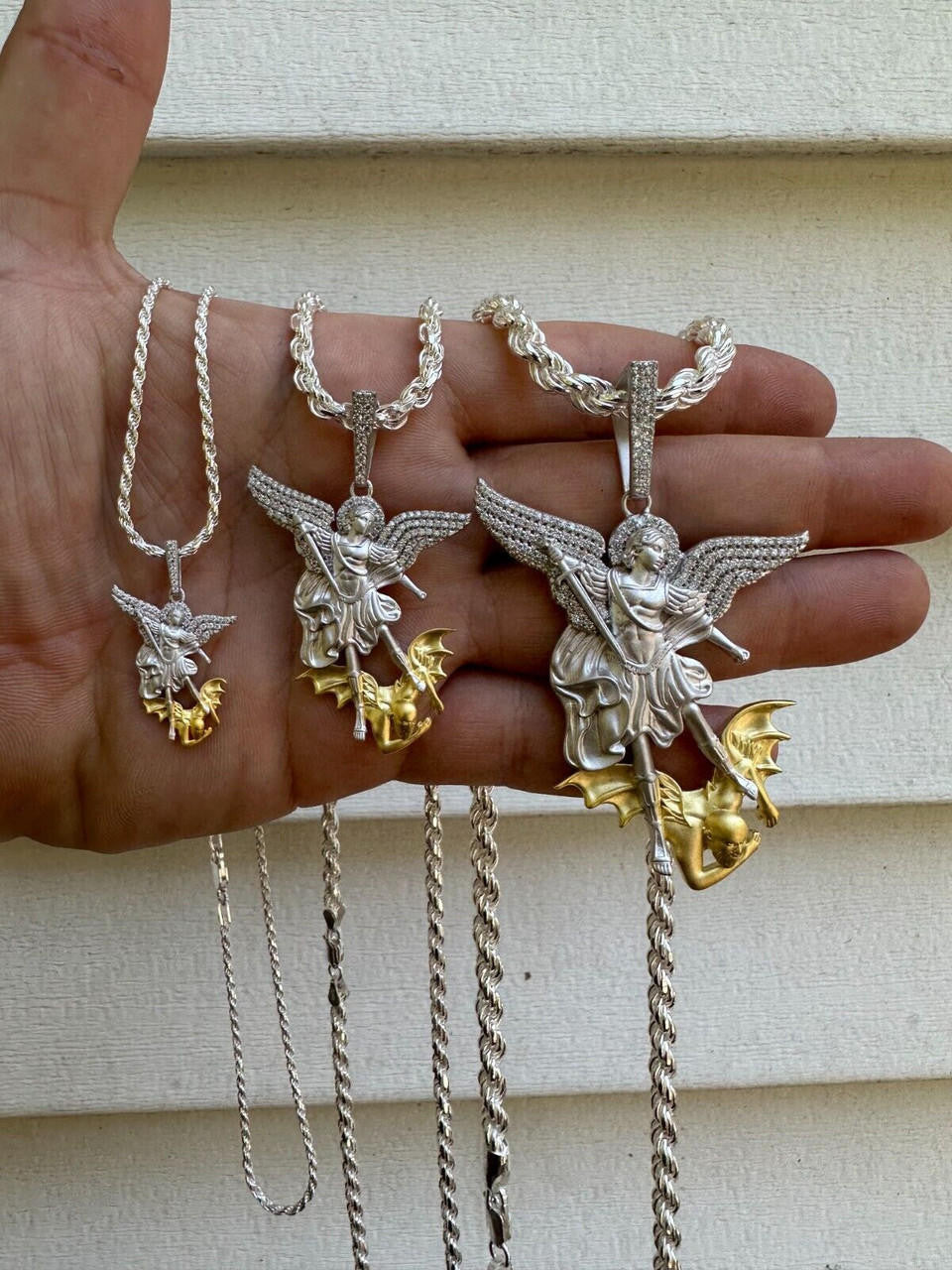 MOISSANITE Saint Michael Archangel Slaying Dragon Pendant - Sandblasted Matte Finish 925 Silver & 14k Gold Vermeil - 3 Sizes 1.25"-3"