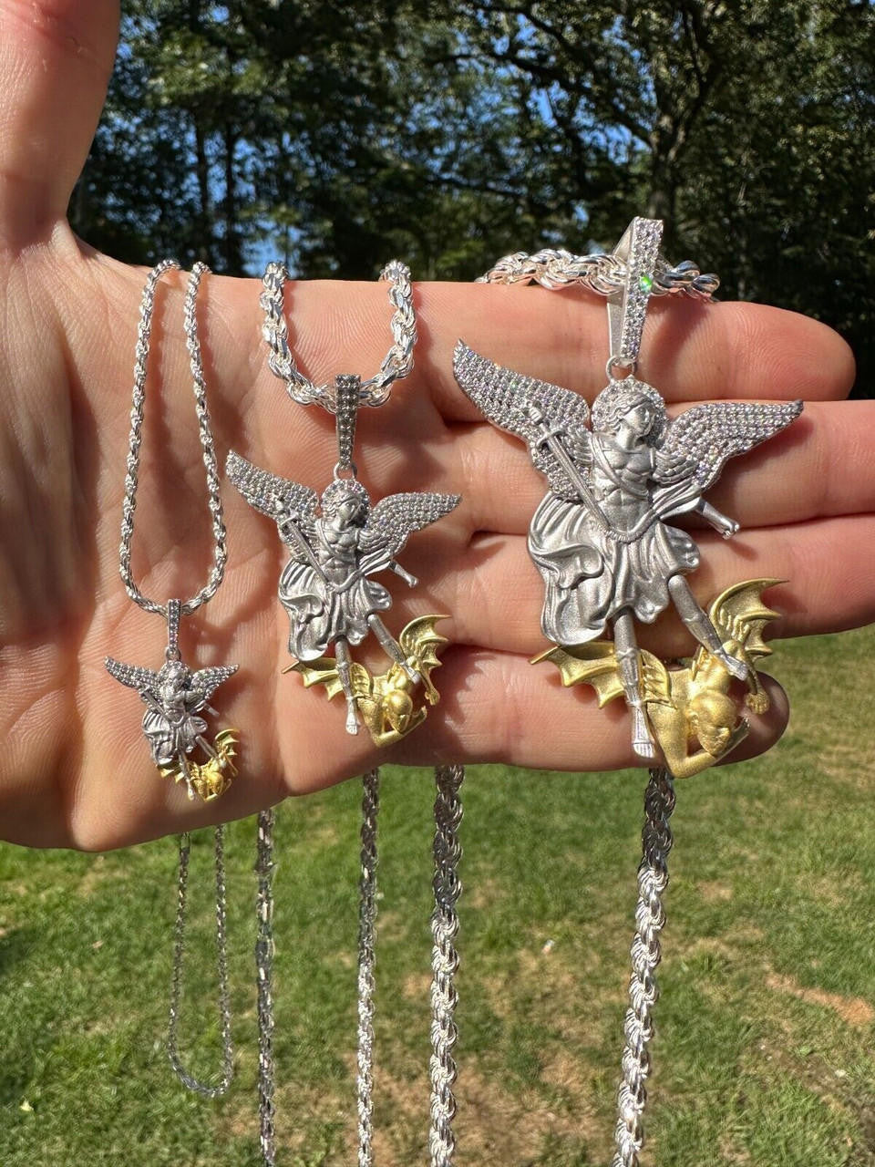 MOISSANITE Saint Michael Archangel Slaying Dragon Pendant - Sandblasted Matte Finish 925 Silver & 14k Gold Vermeil - 3 Sizes 1.25"-3"