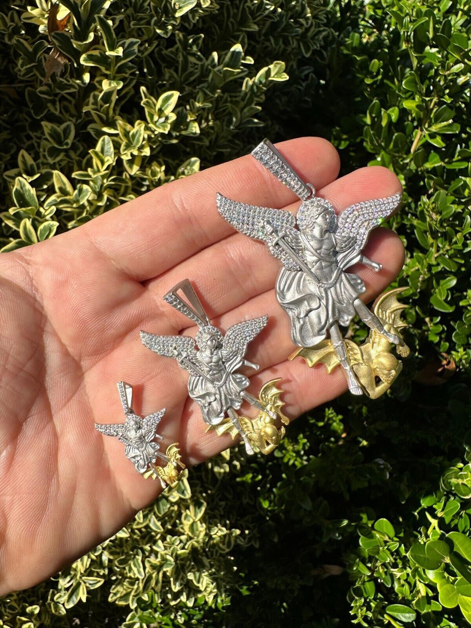 MOISSANITE Saint Michael Archangel Slaying Dragon Pendant - Sandblasted Matte Finish 925 Silver & 14k Gold Vermeil - 3 Sizes 1.25"-3"