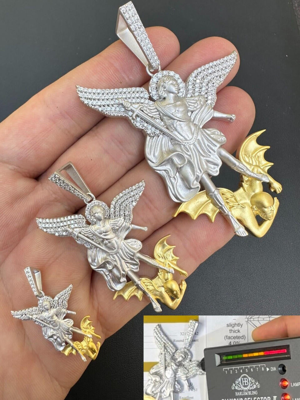 MOISSANITE Saint Michael Archangel Slaying Dragon Pendant - Sandblasted Matte Finish 925 Silver & 14k Gold Vermeil - 3 Sizes 1.25"-3"