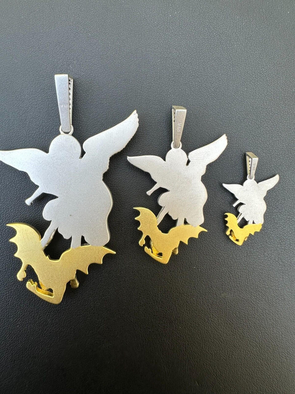 MOISSANITE Saint Michael Archangel Slaying Dragon Pendant - Sandblasted Matte Finish 925 Silver & 14k Gold Vermeil - 3 Sizes 1.25"-3"