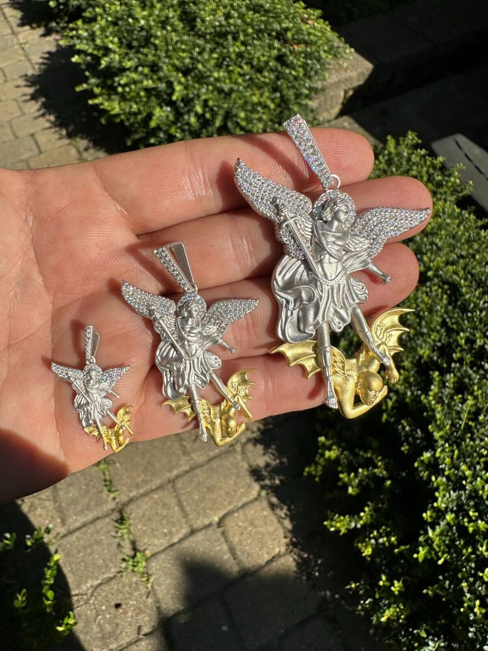 MOISSANITE Saint Michael Archangel Slaying Dragon Pendant - Sandblasted Matte Finish 925 Silver & 14k Gold Vermeil - 3 Sizes 1.25"-3"