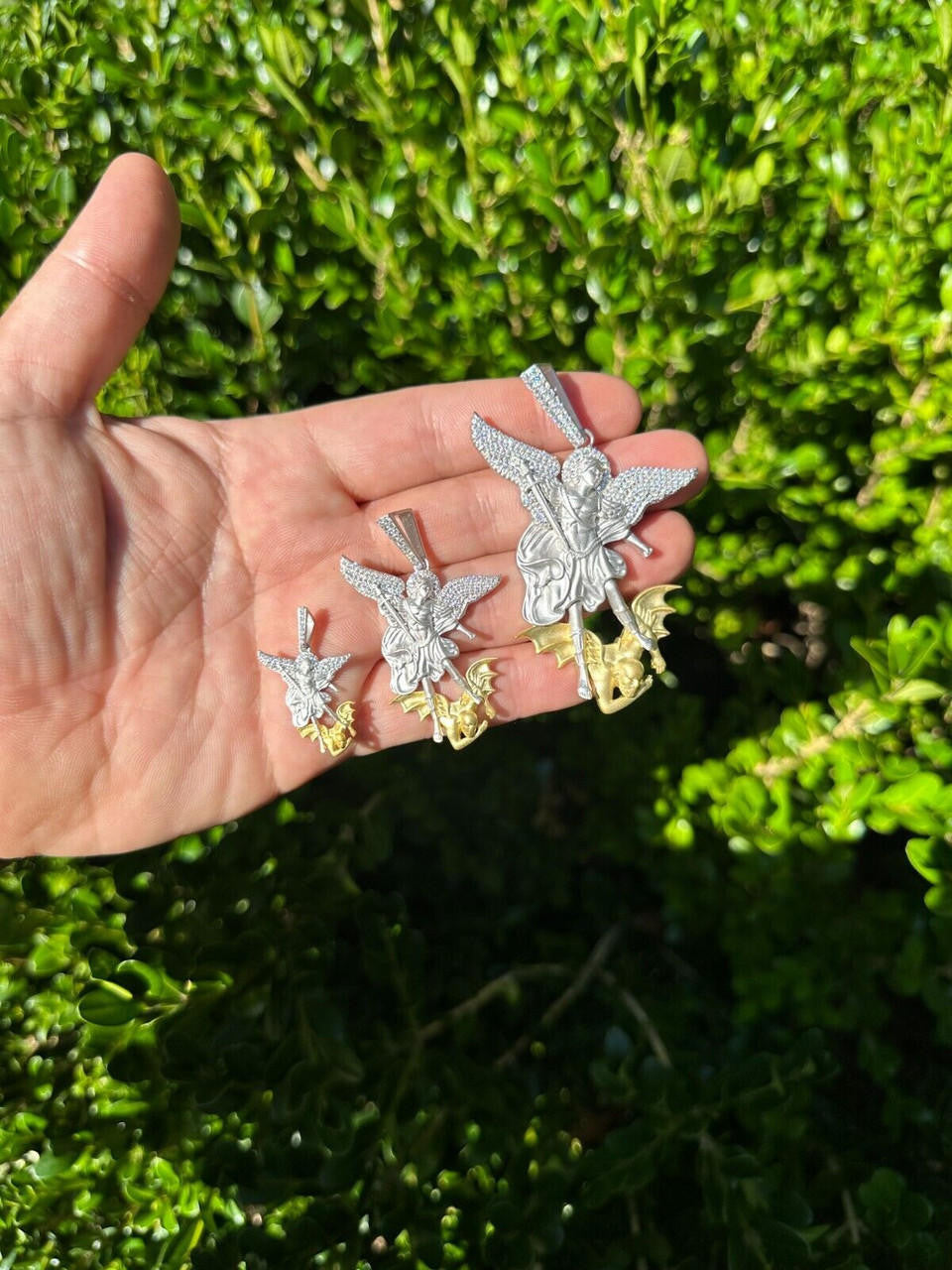 MOISSANITE Saint Michael Archangel Slaying Dragon Pendant - Sandblasted Matte Finish 925 Silver & 14k Gold Vermeil - 3 Sizes 1.25"-3"