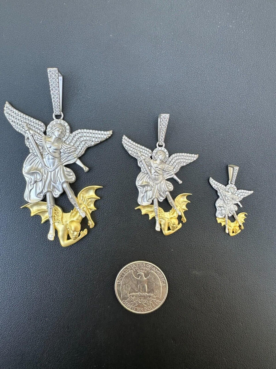 MOISSANITE Saint Michael Archangel Slaying Dragon Pendant - Sandblasted Matte Finish 925 Silver & 14k Gold Vermeil - 3 Sizes 1.25"-3"