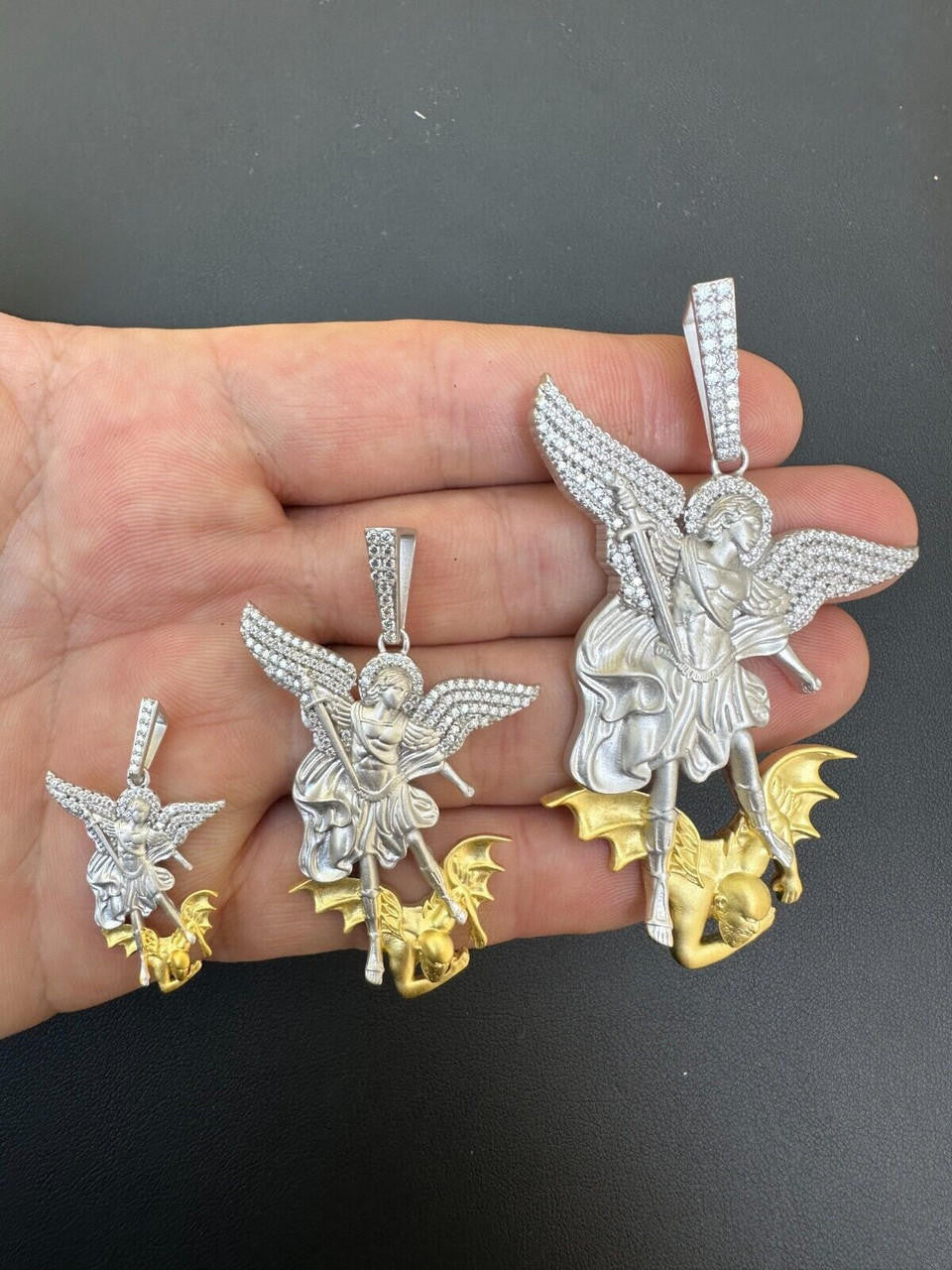 MOISSANITE Saint Michael Archangel Slaying Dragon Pendant - Sandblasted Matte Finish 925 Silver & 14k Gold Vermeil - 3 Sizes 1.25"-3"