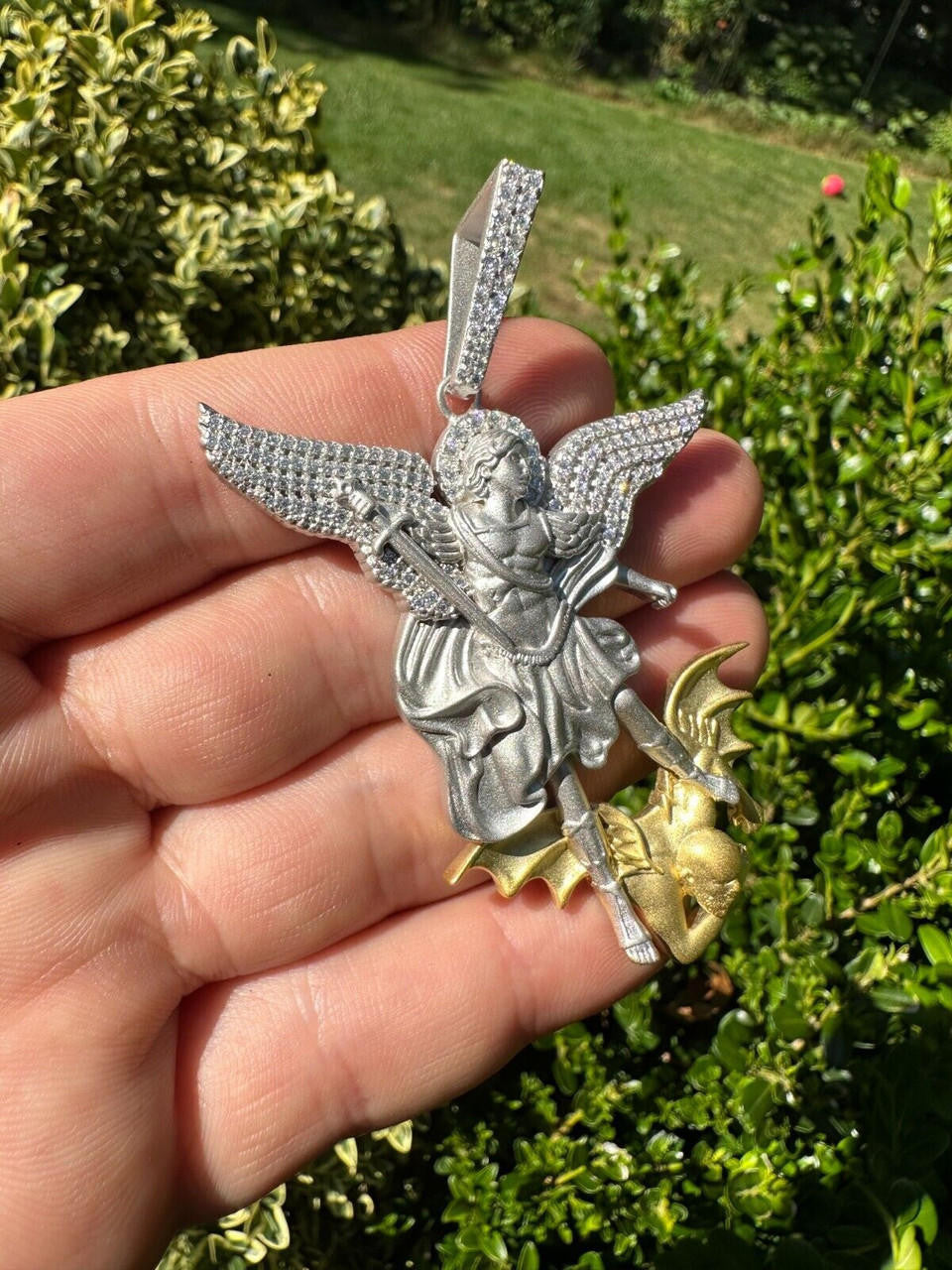 MOISSANITE Saint Michael Archangel Slaying Dragon Pendant - Sandblasted Matte Finish 925 Silver & 14k Gold Vermeil - 3 Sizes 1.25"-3"
