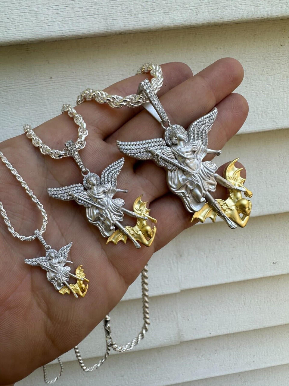 MOISSANITE Saint Michael Archangel Slaying Dragon Pendant - Sandblasted Matte Finish 925 Silver & 14k Gold Vermeil - 3 Sizes 1.25"-3"
