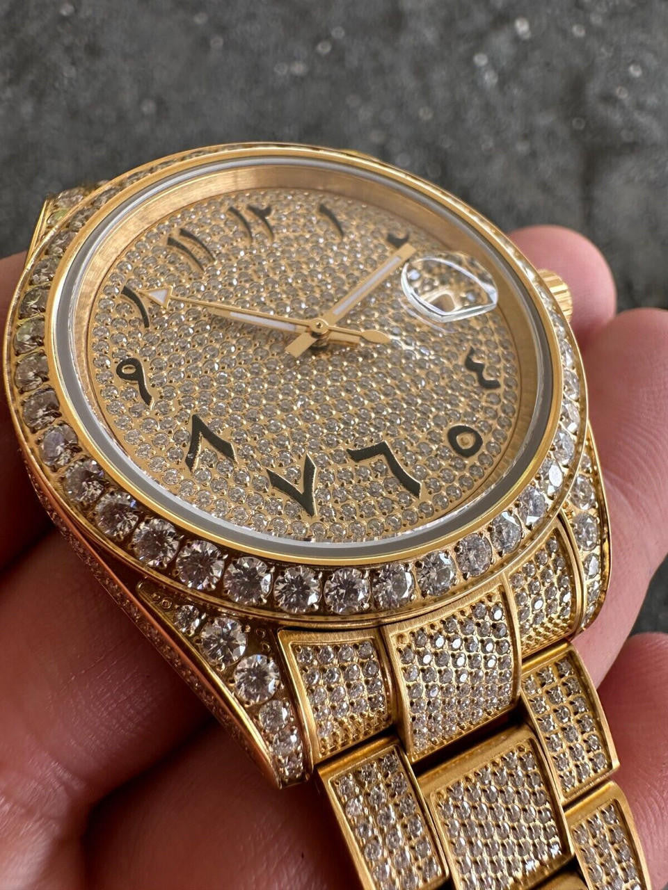 No Logo 16ct MOISSANITE Mens Gold Presidential Watch Honeycomb Iced Arabic Dial