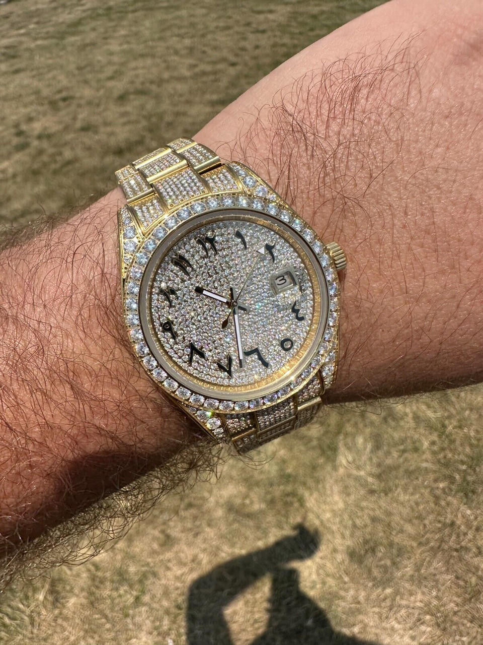 No Logo 16ct MOISSANITE Mens Gold Presidential Watch Honeycomb Iced Arabic Dial