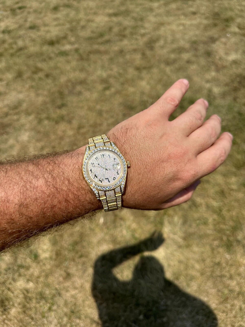 No Logo 16ct MOISSANITE Mens Gold Presidential Watch Honeycomb Iced Arabic Dial