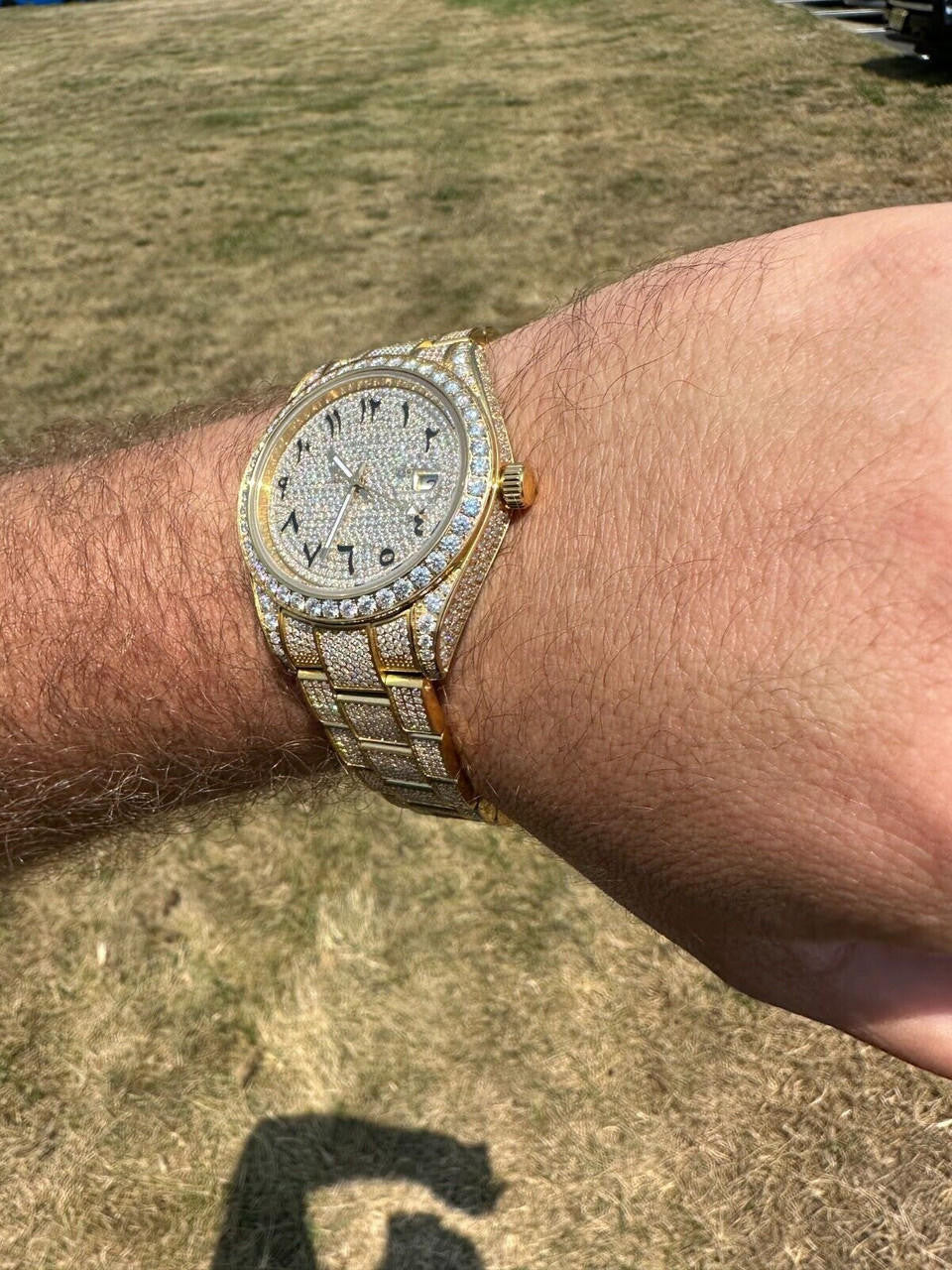 No Logo 16ct MOISSANITE Mens Gold Presidential Watch Honeycomb Iced Arabic Dial