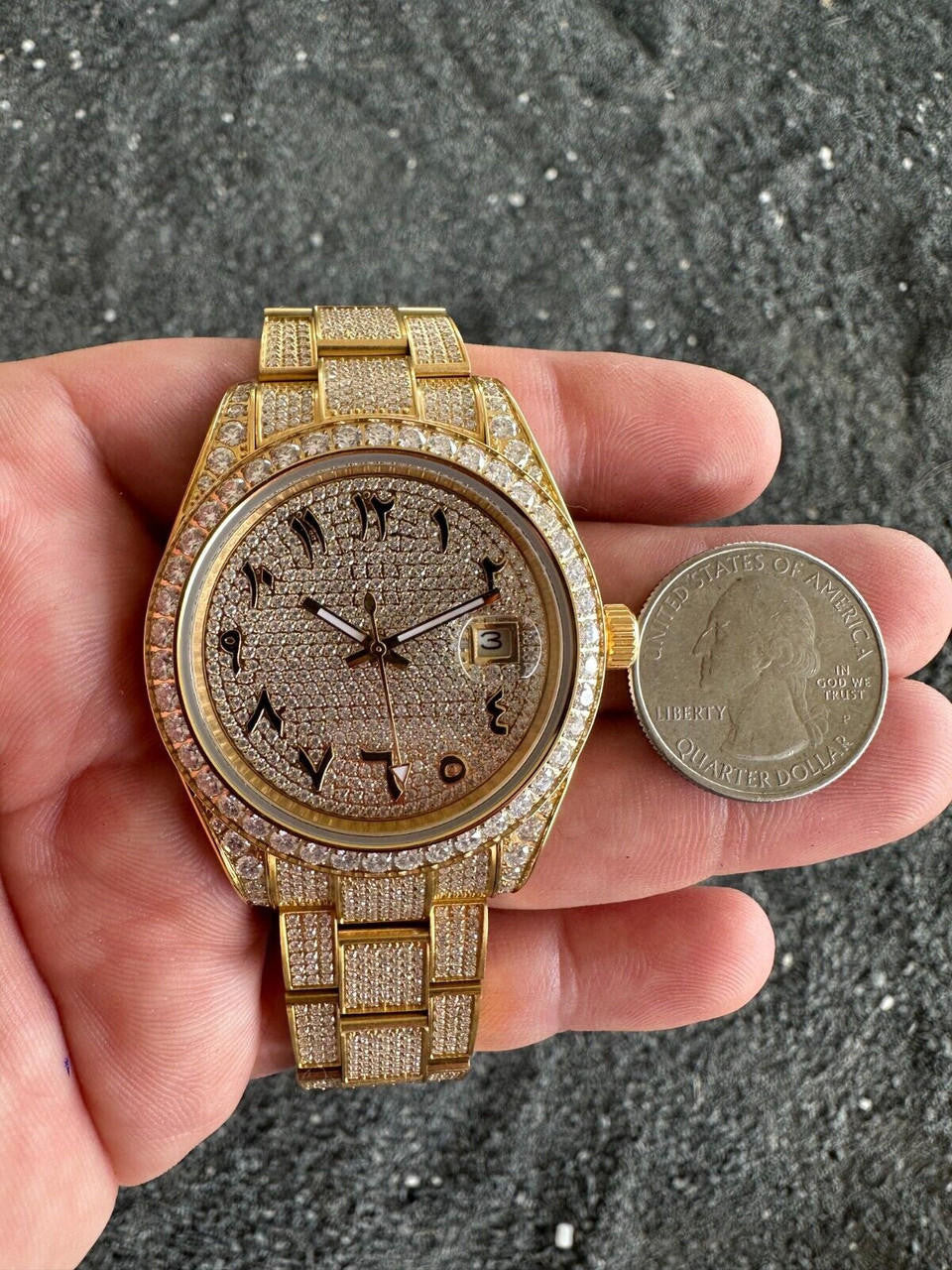 No Logo 16ct MOISSANITE Mens Gold Presidential Watch Honeycomb Iced Arabic Dial