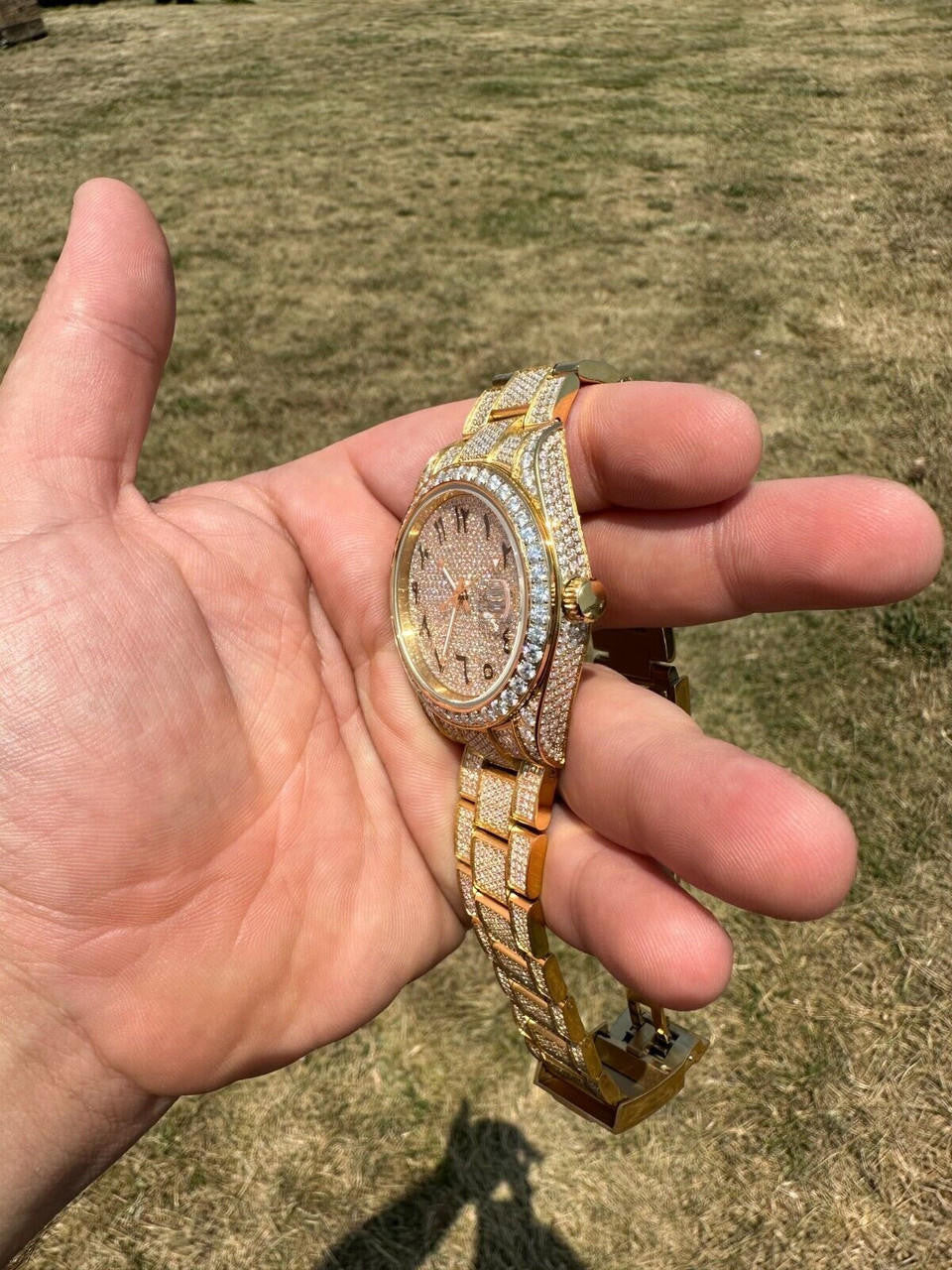 No Logo 16ct MOISSANITE Mens Gold Presidential Watch Honeycomb Iced Arabic Dial
