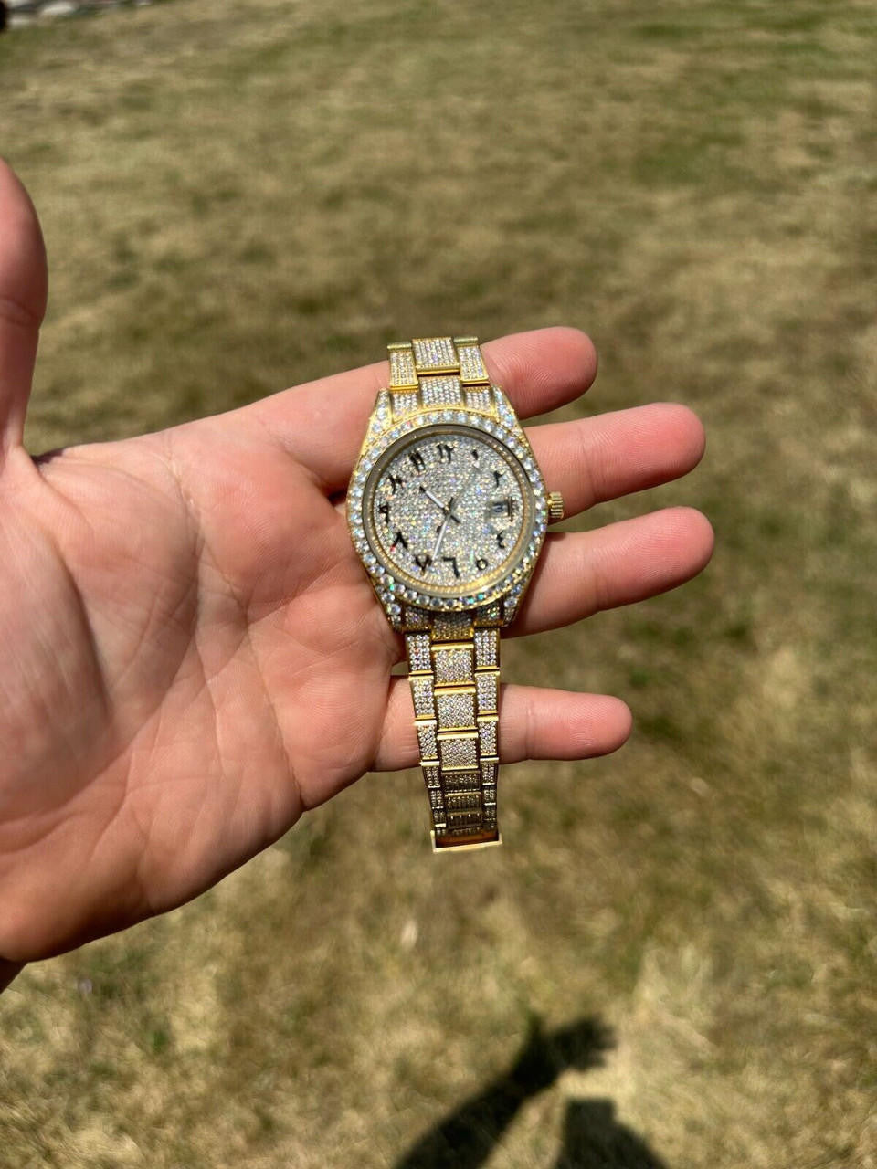 No Logo 16ct MOISSANITE Mens Gold Presidential Watch Honeycomb Iced Arabic Dial