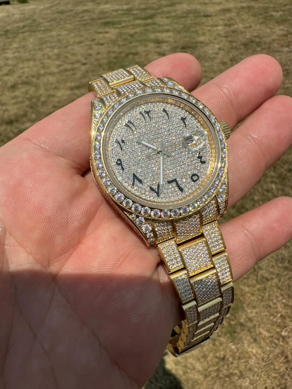 No Logo 16ct MOISSANITE Mens Gold Presidential Watch Honeycomb Iced Arabic Dial