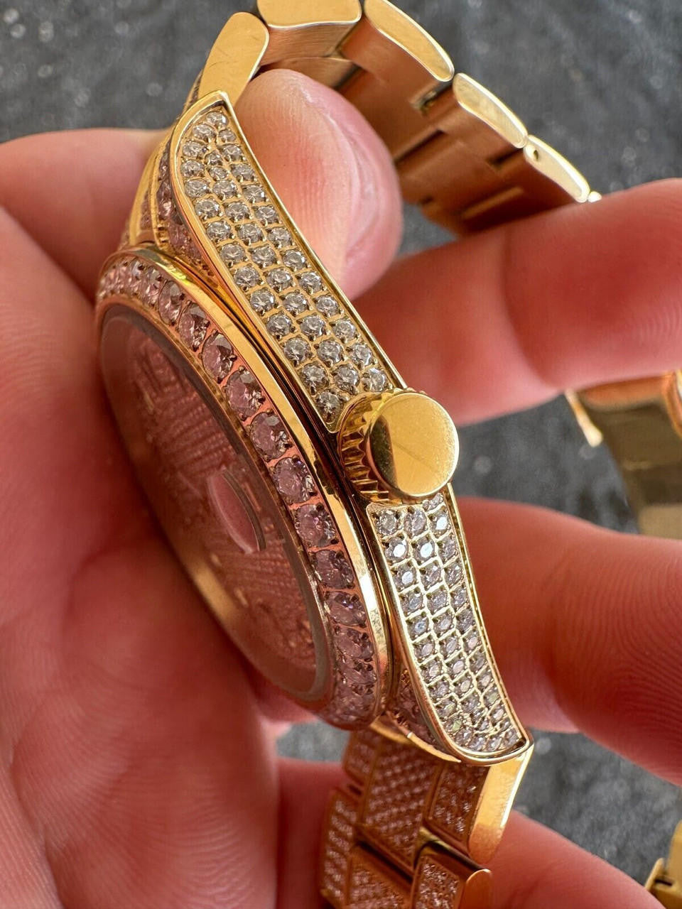 No Logo 16ct MOISSANITE Mens Gold Presidential Watch Honeycomb Iced Arabic Dial