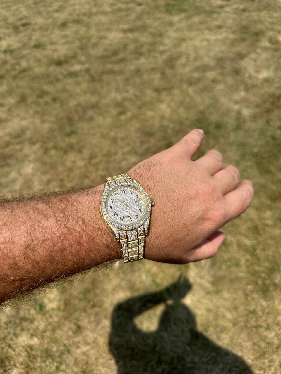 No Logo 16ct MOISSANITE Mens Gold Presidential Watch Honeycomb Iced Arabic Dial