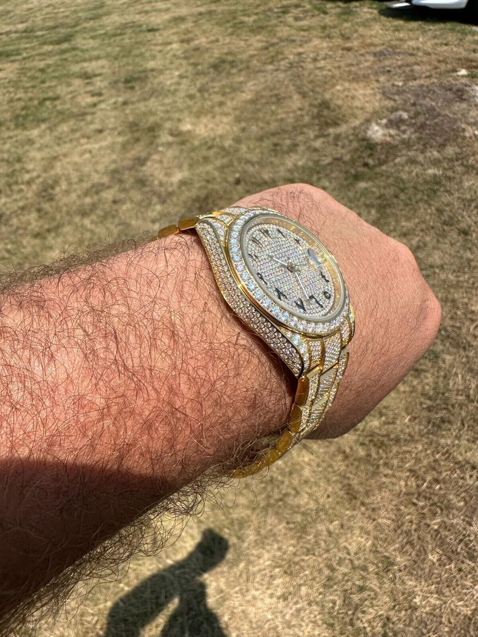No Logo 16ct MOISSANITE Mens Gold Presidential Watch Honeycomb Iced Arabic Dial