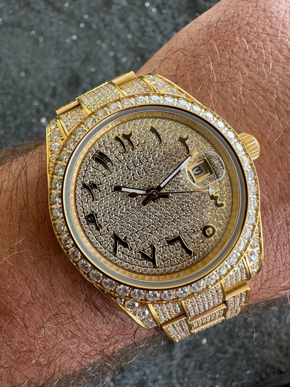 No Logo 16ct MOISSANITE Mens Gold Presidential Watch Honeycomb Iced Arabic Dial