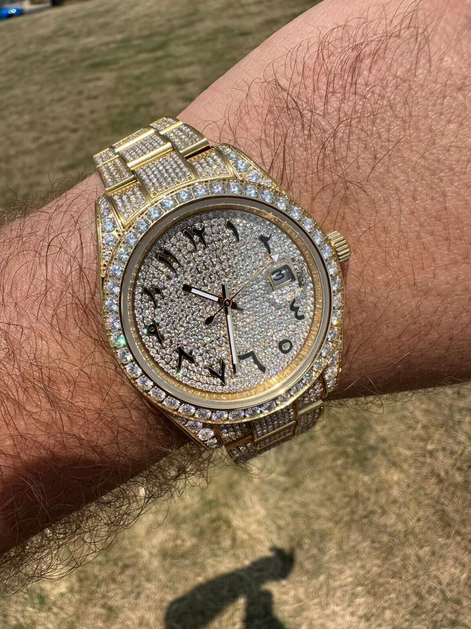 No Logo 16ct MOISSANITE Mens Gold Presidential Watch Honeycomb Iced Arabic Dial