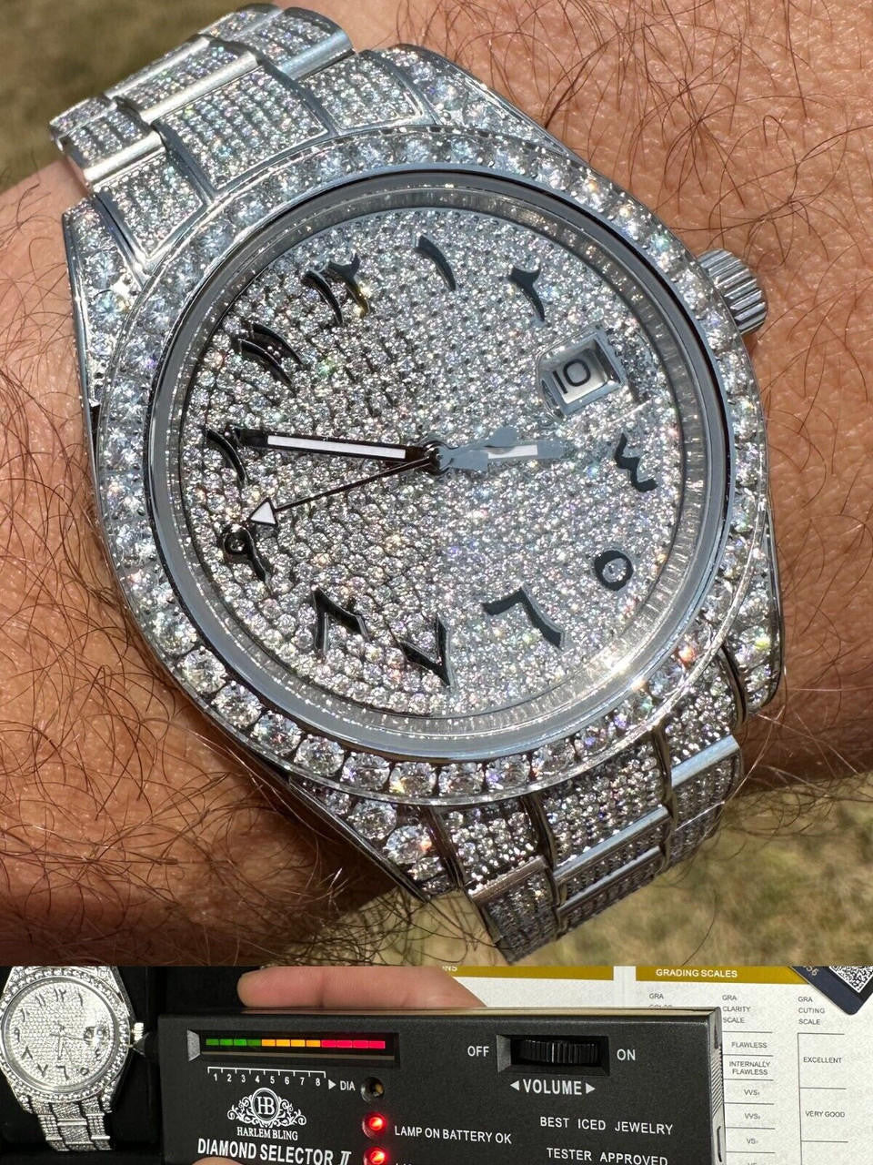 No Logo 16ct MOISSANITE Mens Presidential Watch Honeycomb Set Iced Arabic Dial