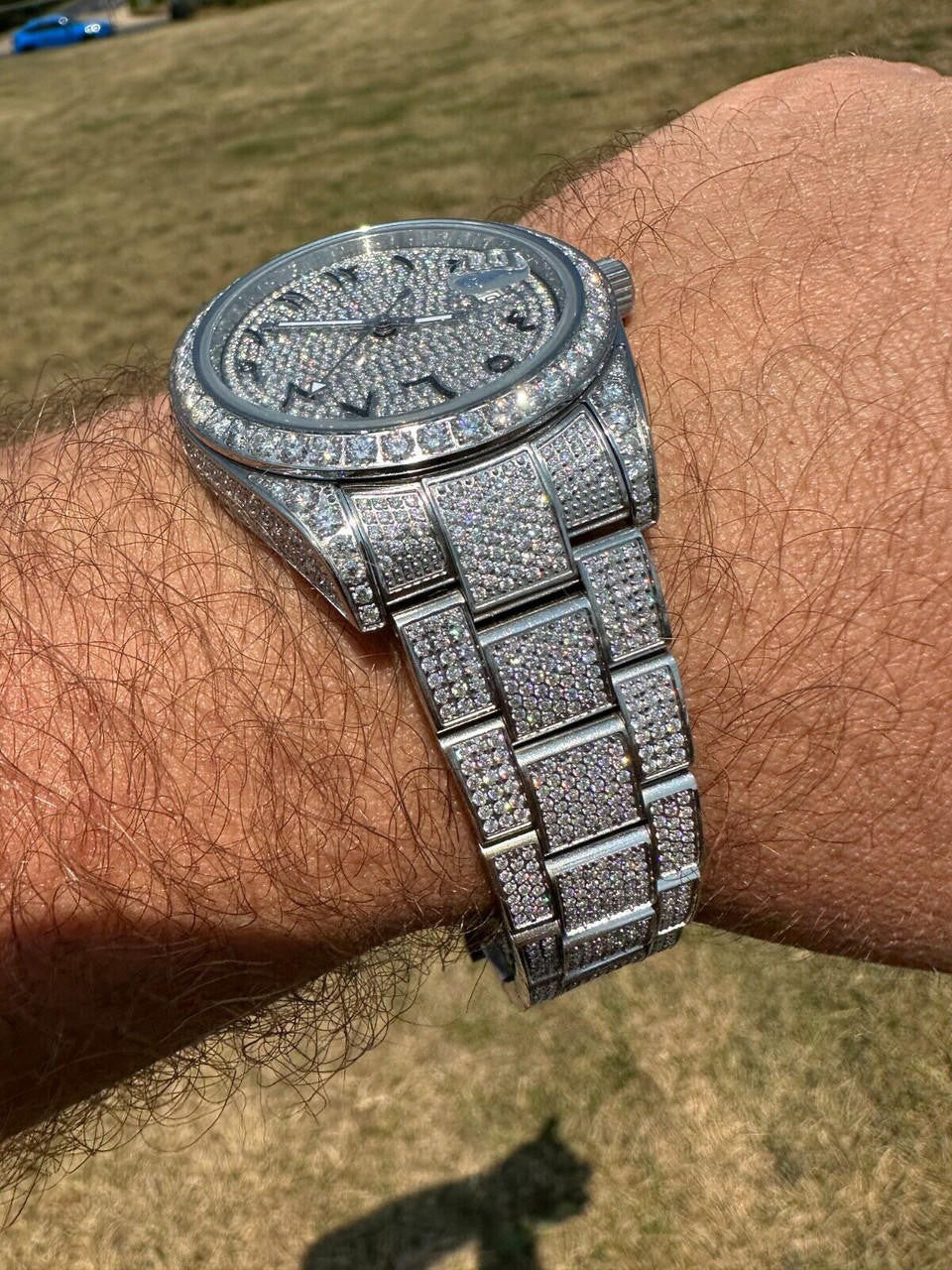 No Logo 16ct MOISSANITE Mens Presidential Watch Honeycomb Set Iced Arabic Dial