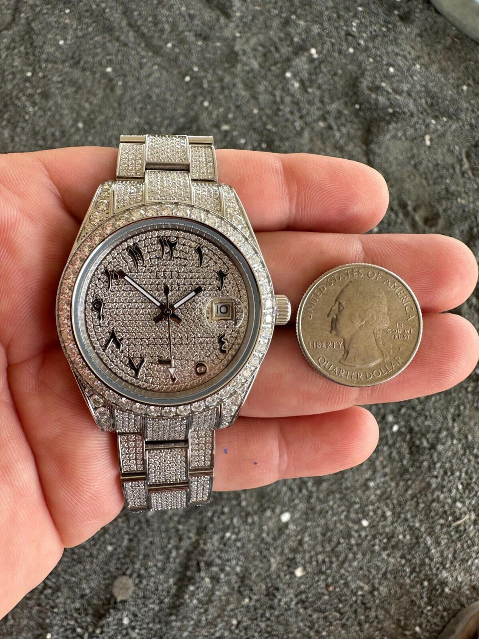 No Logo 16ct MOISSANITE Mens Presidential Watch Honeycomb Set Iced Arabic Dial