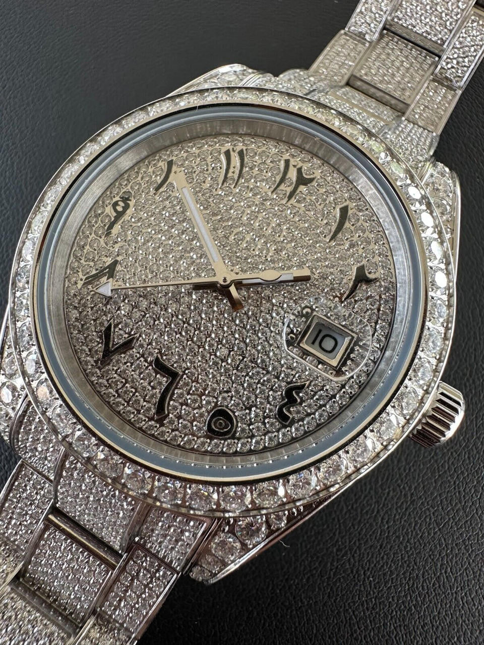No Logo 16ct MOISSANITE Mens Presidential Watch Honeycomb Set Iced Arabic Dial