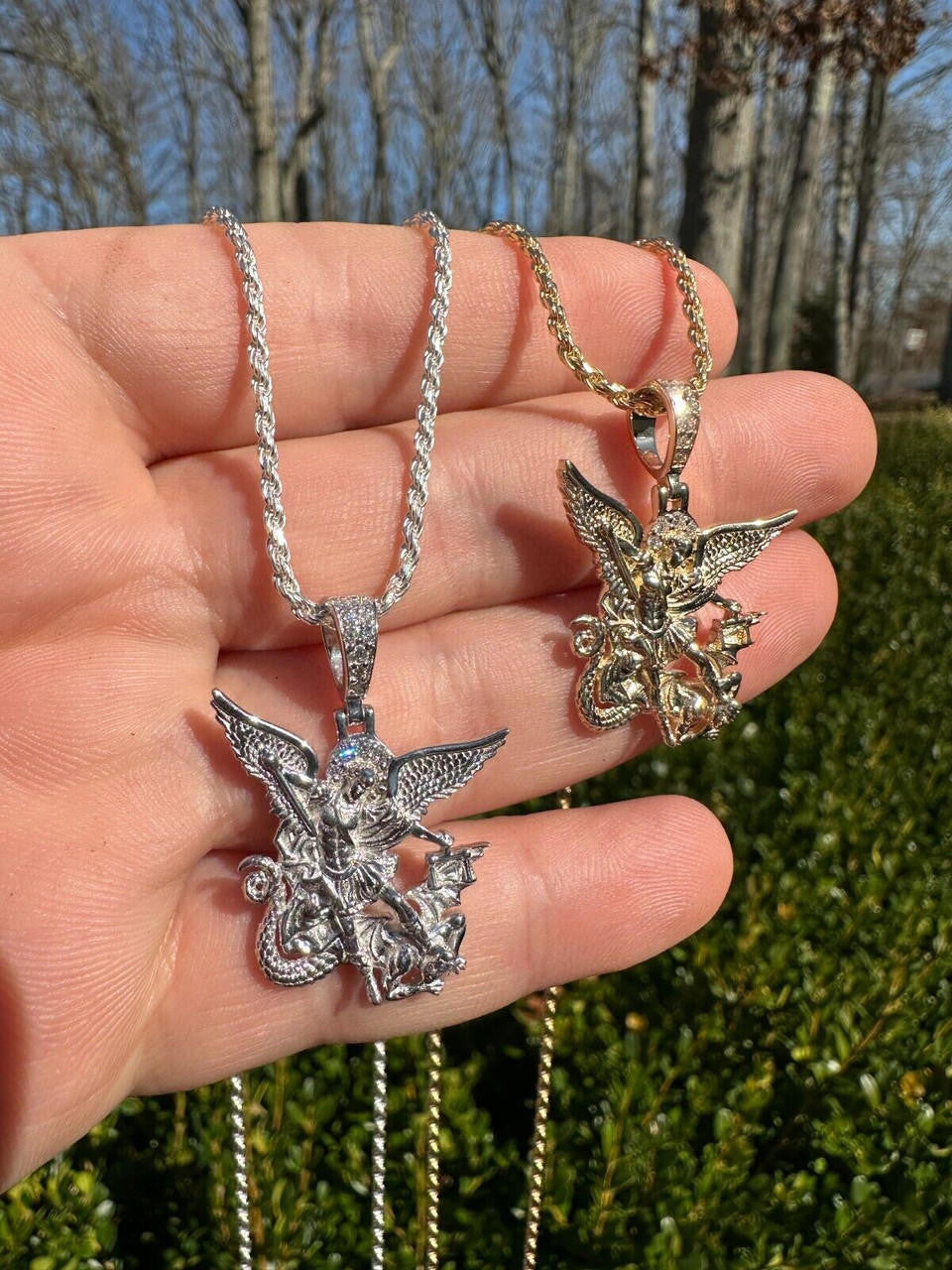 0.17ct Real DIAMOND Saint Michael Archangel Slaying Dragon Pendant - 14k Yellow Or White Gold - Small 1.33"