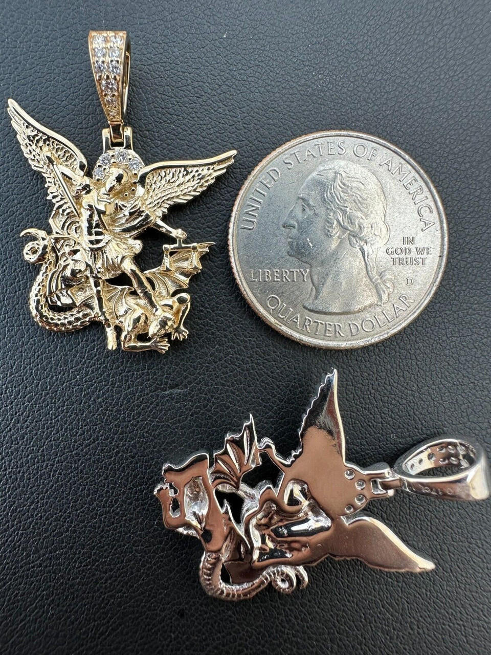 0.17ct Real DIAMOND Saint Michael Archangel Slaying Dragon Pendant - 14k Yellow Or White Gold - Small 1.33"