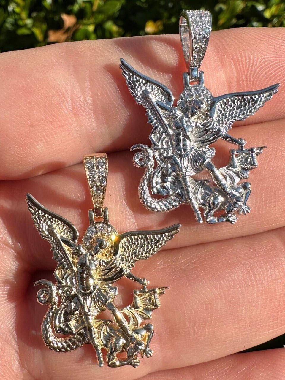0.17ct Real DIAMOND Saint Michael Archangel Slaying Dragon Pendant - 14k Yellow Or White Gold - Small 1.33"