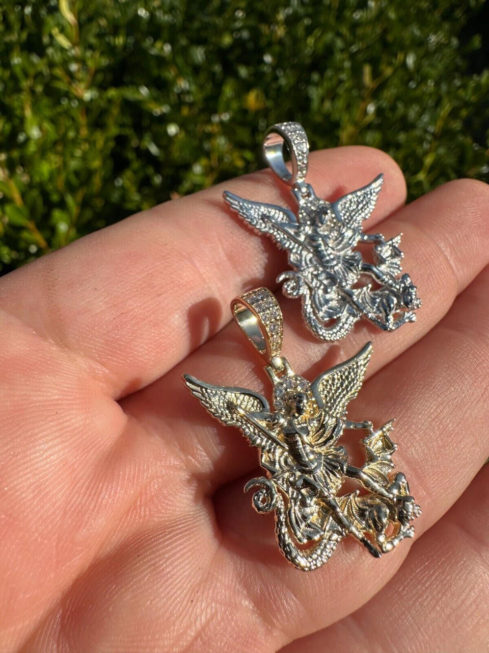 0.17ct Real DIAMOND Saint Michael Archangel Slaying Dragon Pendant - 14k Yellow Or White Gold - Small 1.33"