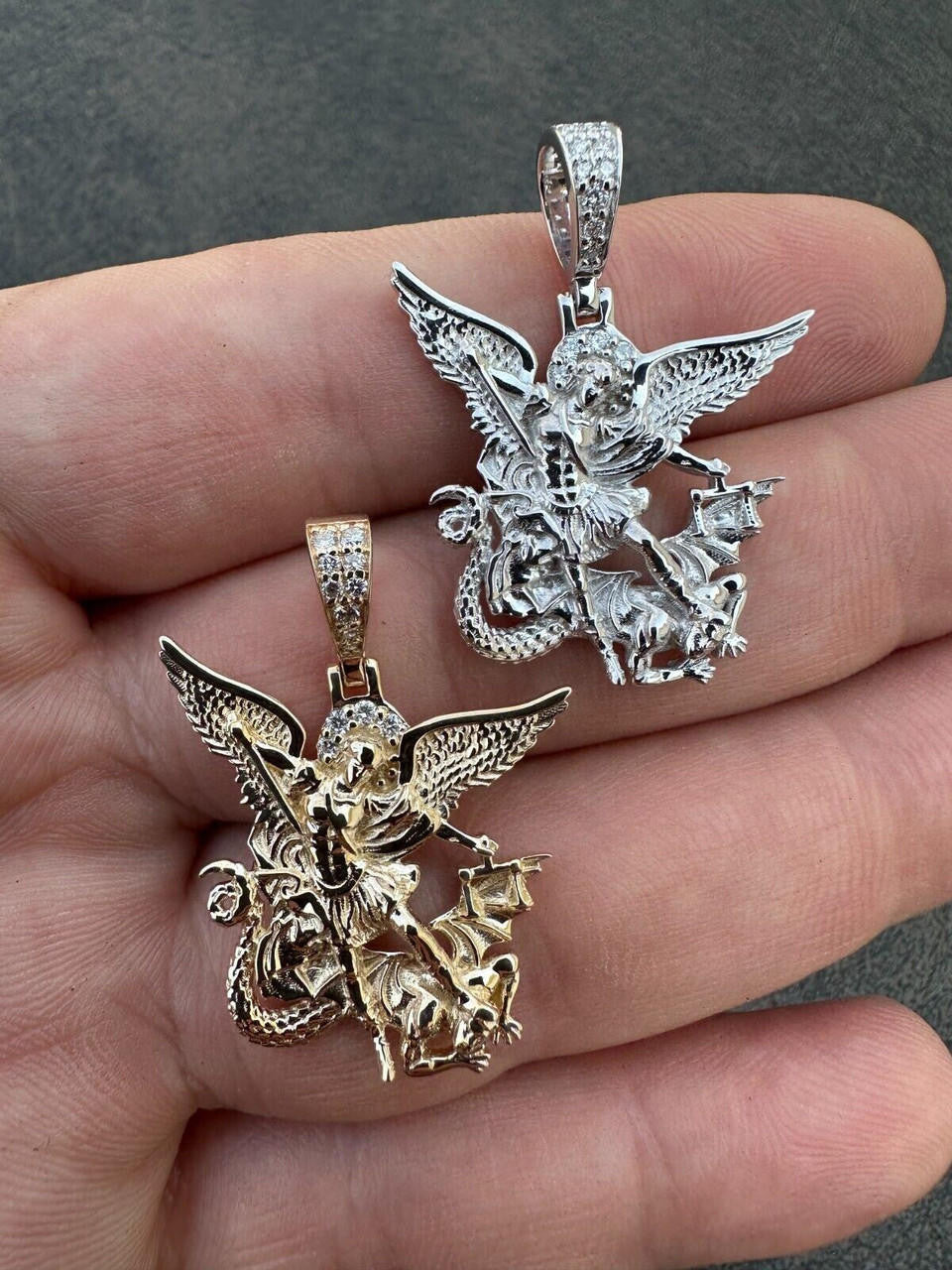 0.17ct Real DIAMOND Saint Michael Archangel Slaying Dragon Pendant - 14k Yellow Or White Gold - Small 1.33"