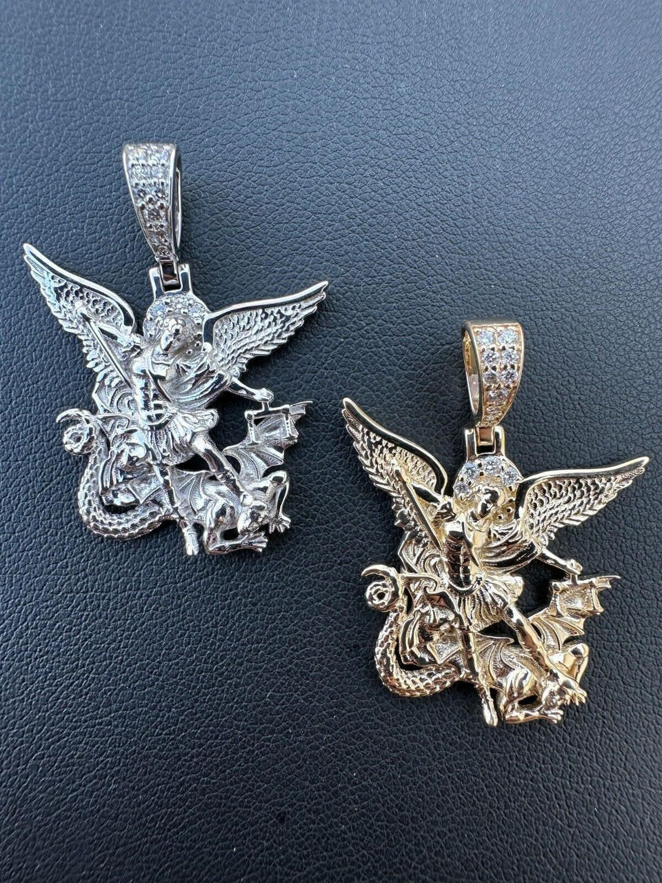 0.17ct Real DIAMOND Saint Michael Archangel Slaying Dragon Pendant - 14k Yellow Or White Gold - Small 1.33"