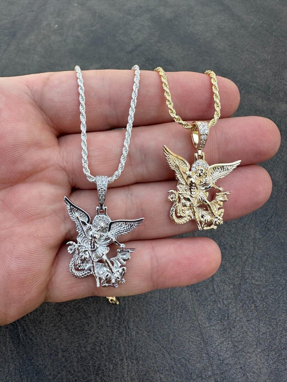 0.17ct Real DIAMOND Saint Michael Archangel Slaying Dragon Pendant - 14k Yellow Or White Gold - Small 1.33"