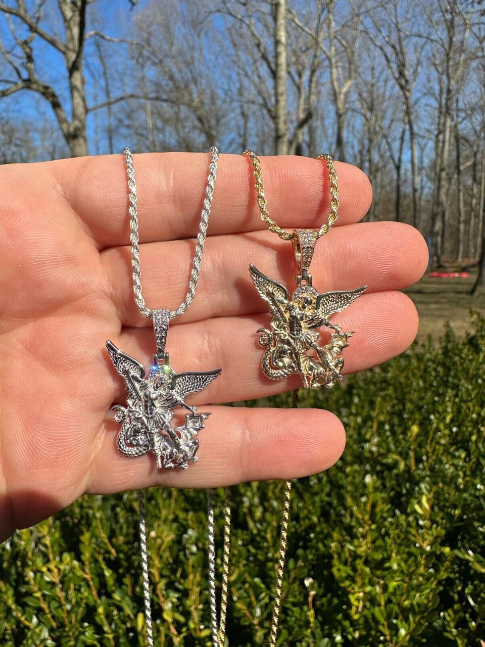 0.17ct Real DIAMOND Saint Michael Archangel Slaying Dragon Pendant - 14k Yellow Or White Gold - Small 1.33"