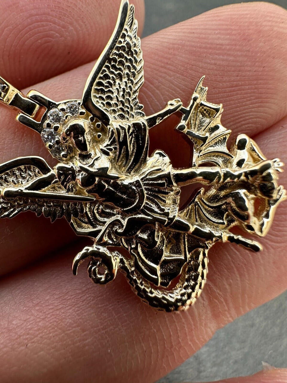 0.17ct Real DIAMOND Saint Michael Archangel Slaying Dragon Pendant - 14k Yellow Or White Gold - Small 1.33"