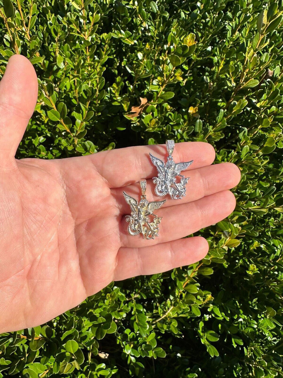 0.17ct Real DIAMOND Saint Michael Archangel Slaying Dragon Pendant - 14k Yellow Or White Gold - Small 1.33"