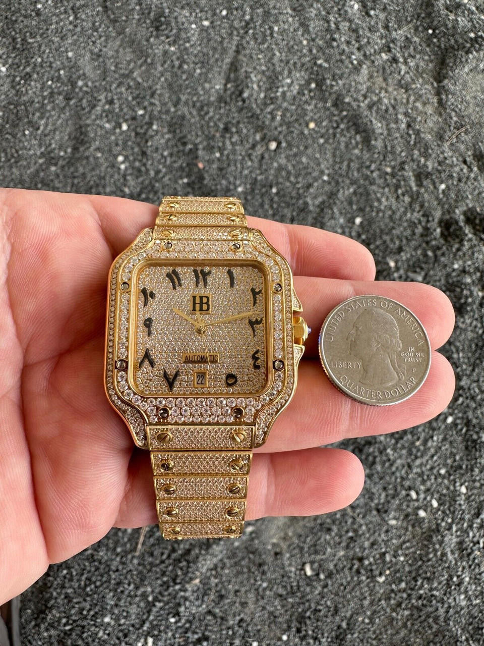 Real Hip Hop Watch Fully Iced Mens Automatic Movement Gold Stainless Arabic