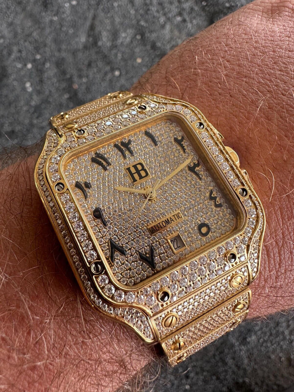 Real Hip Hop Watch Fully Iced Mens Automatic Movement Gold Stainless Arabic