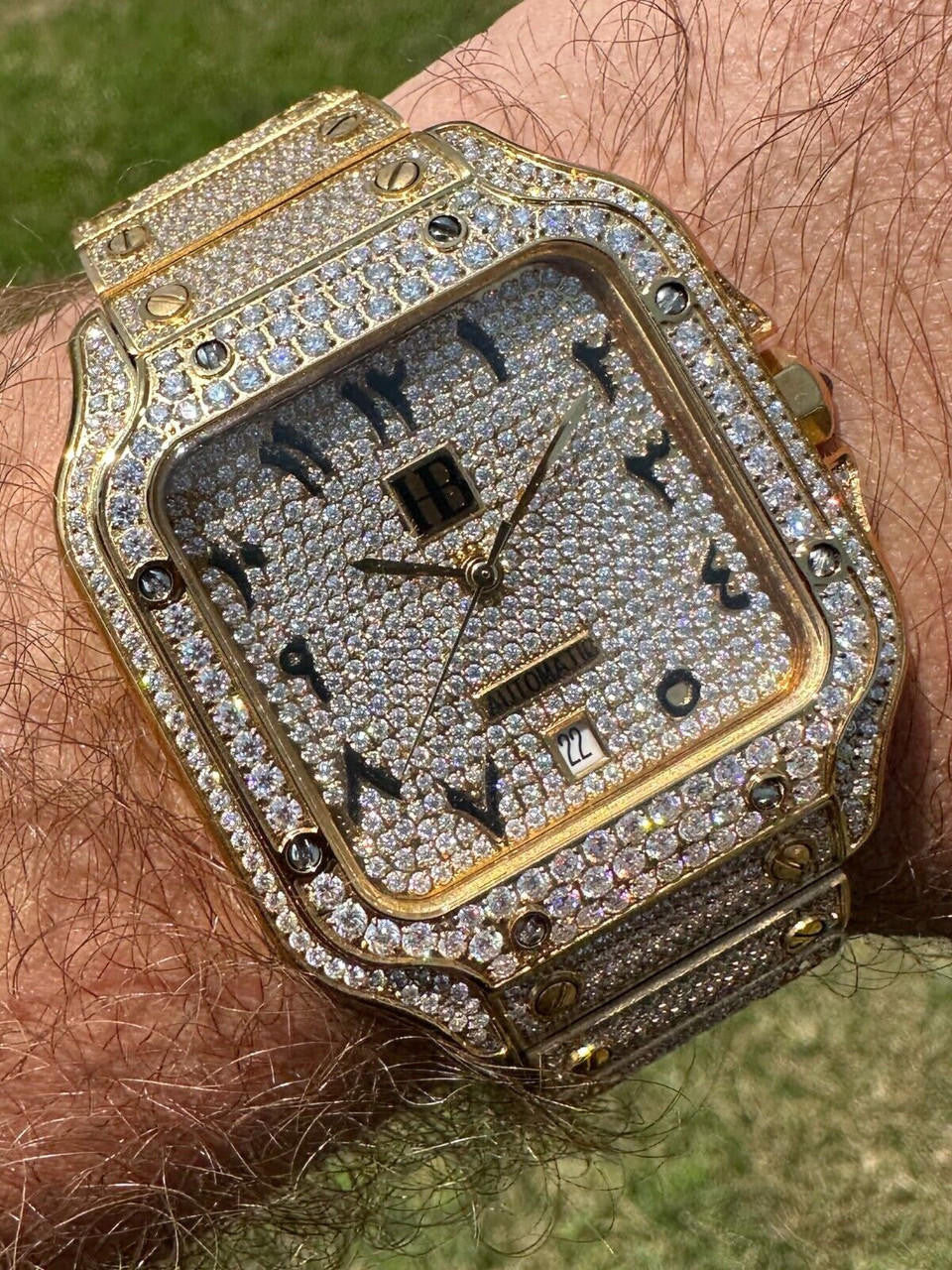Real Hip Hop Watch Fully Iced Mens Automatic Movement Gold Stainless Arabic
