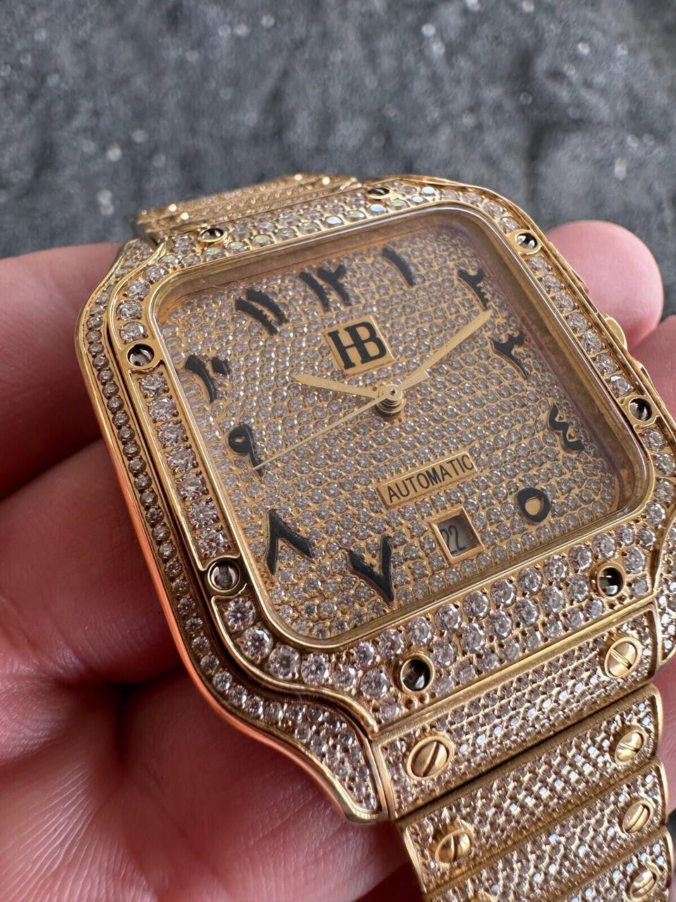 Real Hip Hop Watch Fully Iced Mens Automatic Movement Gold Stainless Arabic