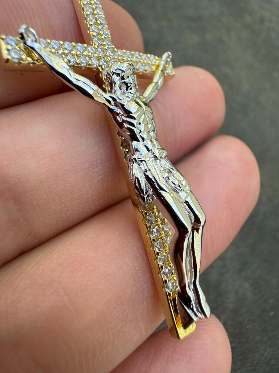 Crucifix Jesus Iced Out Hip Hop Cross Pendant - 14k Yellow Gold Vermeil Or 925 Silver - CZ Stones - Large 2.5"