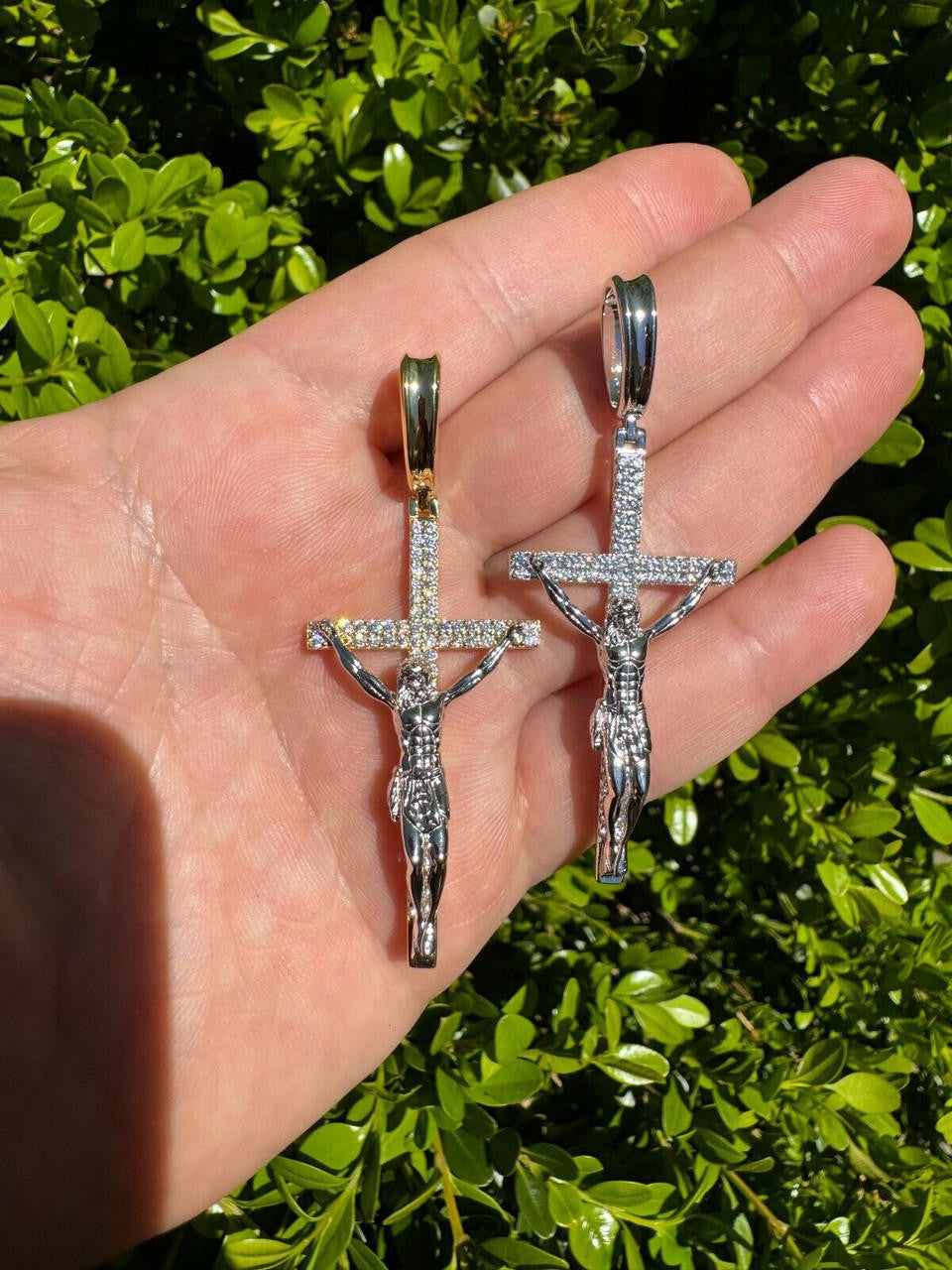 Crucifix Jesus Iced Out Hip Hop Cross Pendant - 14k Yellow Gold Vermeil Or 925 Silver - CZ Stones - Large 2.5"