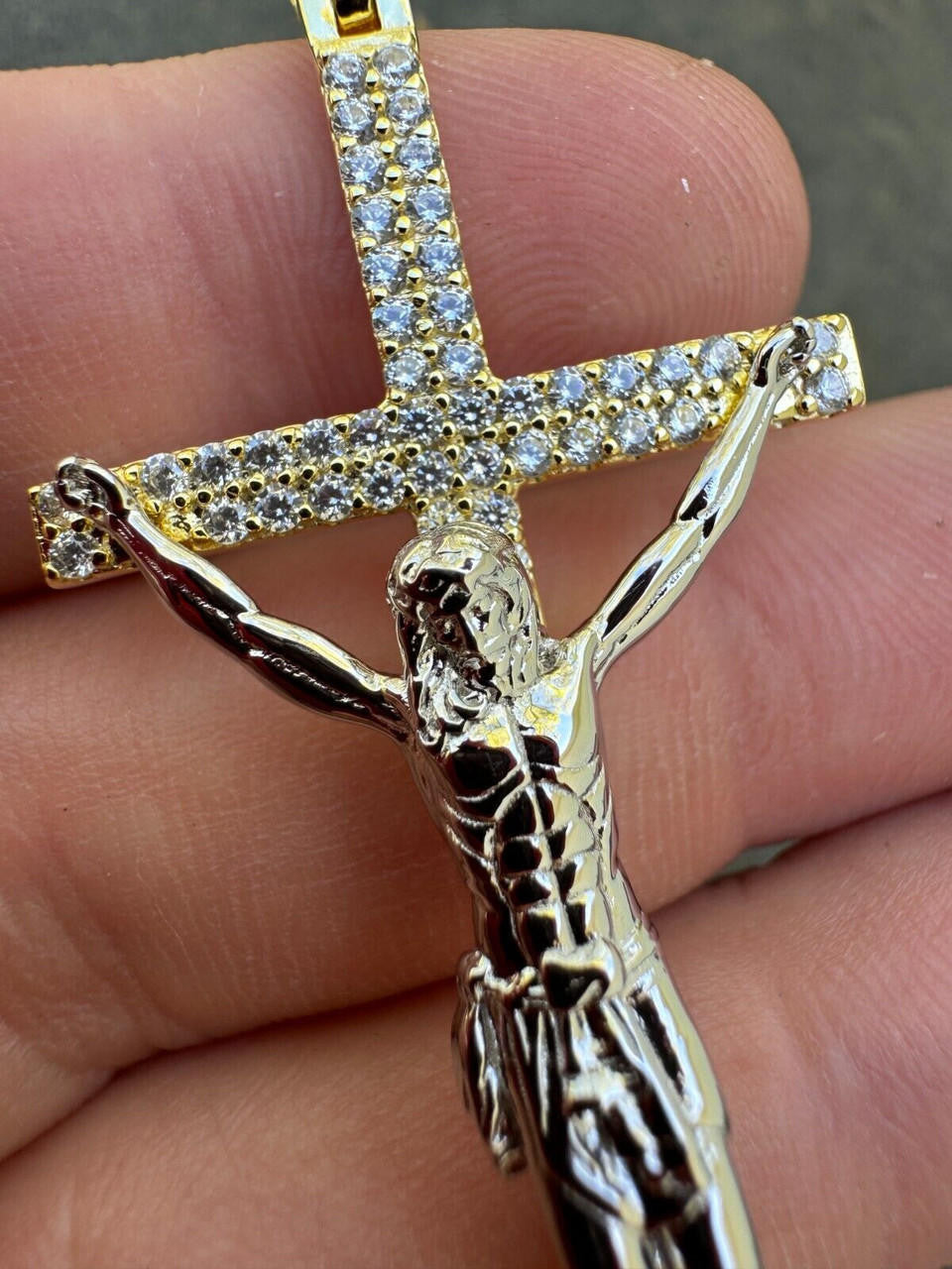 Crucifix Jesus Iced Out Hip Hop Cross Pendant - 14k Yellow Gold Vermeil Or 925 Silver - CZ Stones - Large 2.5"