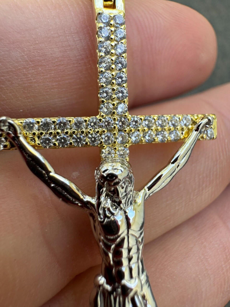 Crucifix Jesus Iced Out Hip Hop Cross Pendant - 14k Yellow Gold Vermeil Or 925 Silver - CZ Stones - Large 2.5"