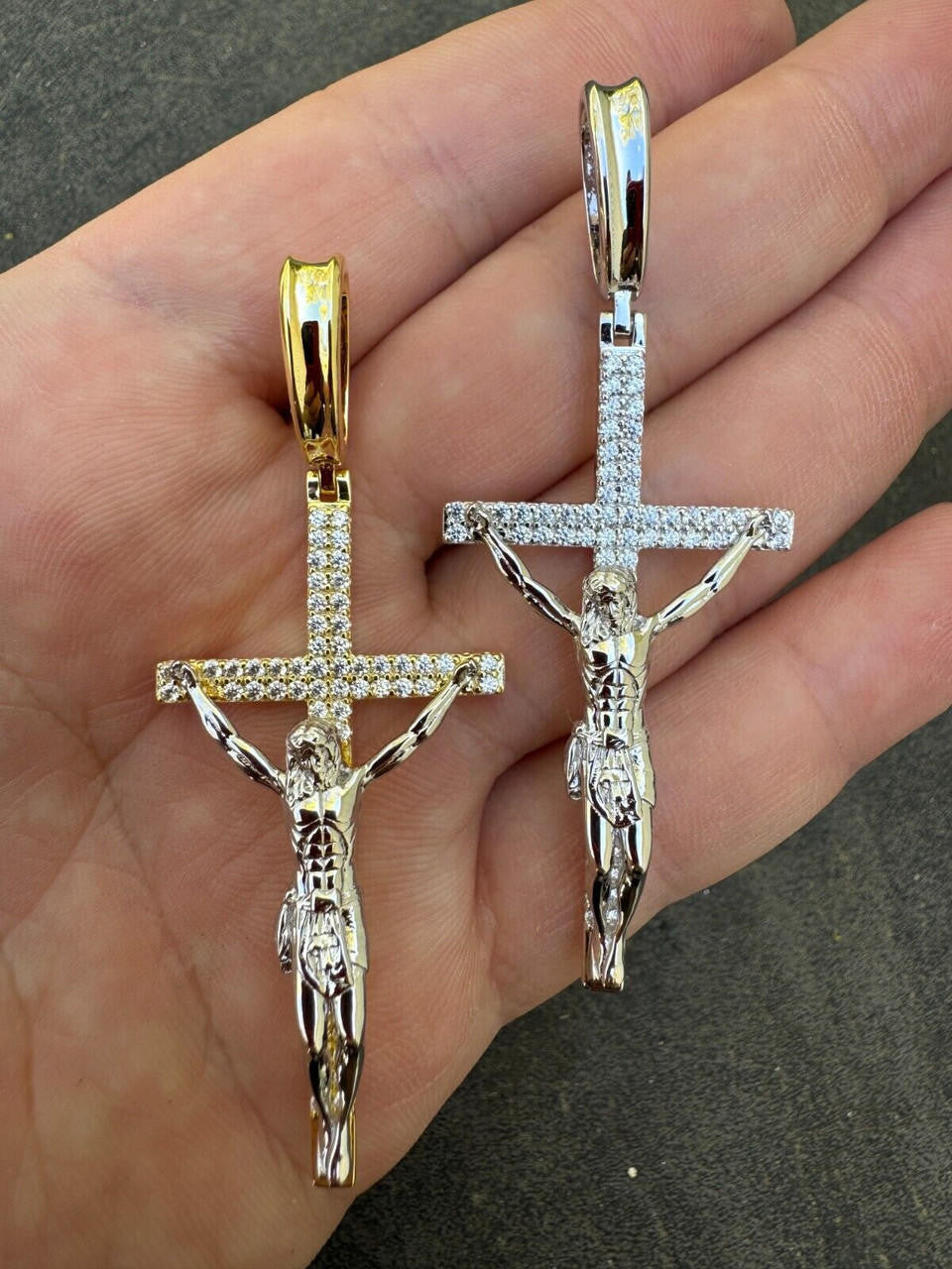 Crucifix Jesus Iced Out Hip Hop Cross Pendant - 14k Yellow Gold Vermeil Or 925 Silver - CZ Stones - Large 2.5"